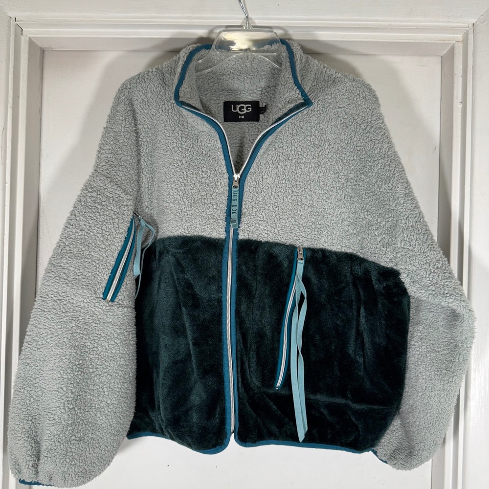 UGG RTW Fleece Jacket Womens Medium Gray Green Teal Color Block Full Zip